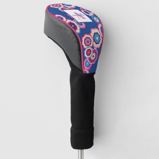 Monogram Retro 60's Blue Pink Flower Power Pattern Golfheadcover (Schuin)