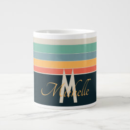 monogram retro 70s marineblauw geel roze streep grote koffiekop