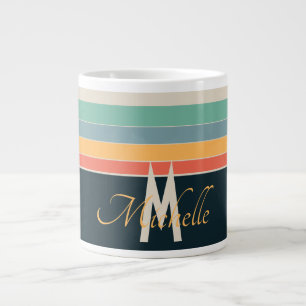 monogram retro 70s marineblauw geel roze streep grote koffiekop