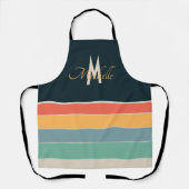 Monogram Retro 70s Navy Blauwe Mosterd Gestreepte Schort (Voorkant)
