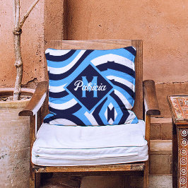 Monogram retro 70s Navy Blue Blauwgroen psychedeli Kussen