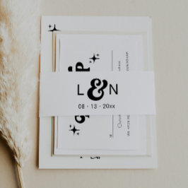 Monogram Retro 70's zwart-wit buikband Uitnodigingen Wikkel