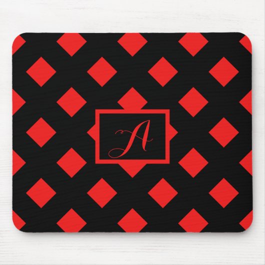 Monogram Retro Black & Red Diamond Pattern Muismat (Voorkant)