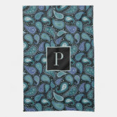 Monogram Retro Blau Paisley Patroon Theedoek (Verticaal)