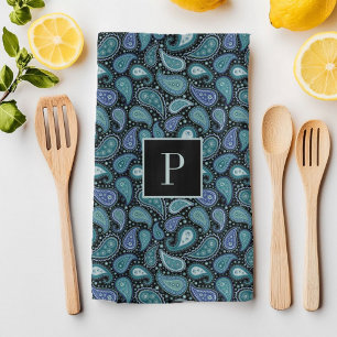 Monogram Retro Blau Paisley Patroon Theedoek