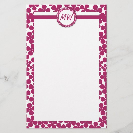 Monogram Retro Bloem Patroon Acai Roze en Wit Briefpapier (Voorkant)