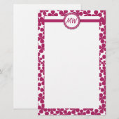 Monogram Retro Bloem Patroon Acai Roze en Wit Briefpapier (Voorkant / Achterkant)