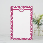 Monogram Retro Bloem Patroon Acai Roze en Wit Briefpapier (Staand voorkant)