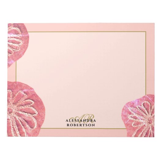 Monogram Retro Bloem Roze Goud Perzik Chic Notitieblok (Voorkant)