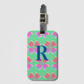 Monogram retro bloemengroen roze bagagelabel (Voorkant (verticaal))