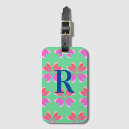 Monogram retro bloemengroen roze bagagelabel
