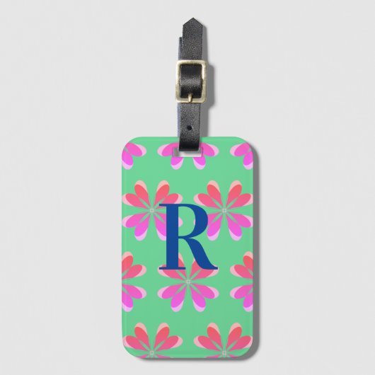 Monogram retro bloemengroen roze bagagelabel (Voorkant (verticaal))