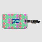 Monogram retro bloemengroen roze bagagelabel (Voorkant (horizontaal))