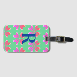 Monogram retro bloemengroen roze bagagelabel