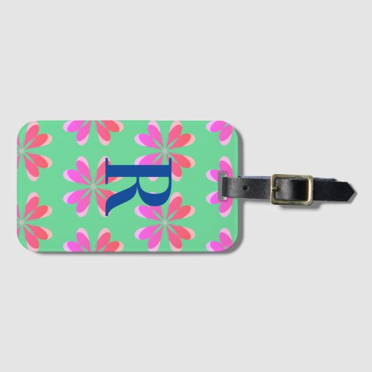 Monogram retro bloemengroen roze bagagelabel (Voorkant (horizontaal))