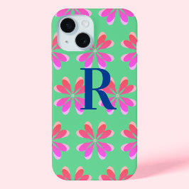 Monogram retro bloemengroen roze iPhone 15 case