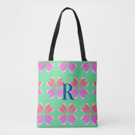 Monogram retro bloemengroen roze tote bag