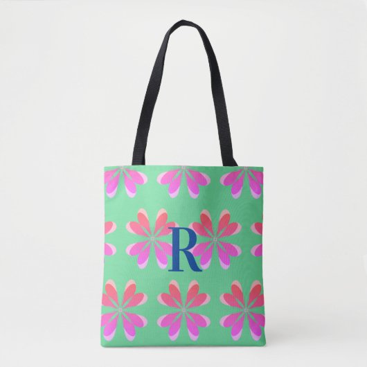 Monogram retro bloemengroen roze tote bag (Voorkant)