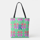 Monogram retro bloemengroen roze tote bag (Achterkant)