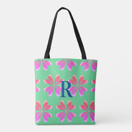Monogram retro bloemengroen roze tote bag (Achterkant)