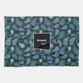 Monogram Retro Blue Paisley Pattern Theedoek (Horizontaal)