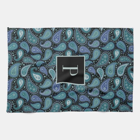 Monogram Retro Blue Paisley Pattern Theedoek (Horizontaal)