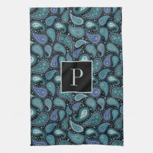 Monogram Retro Blue Paisley Pattern Theedoek