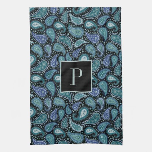 Monogram Retro Blue Paisley Pattern Theedoek (Verticaal)