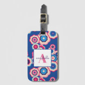 Monogram Retro Blue Pink Flower Power Personated Bagagelabel (Voorkant (verticaal))