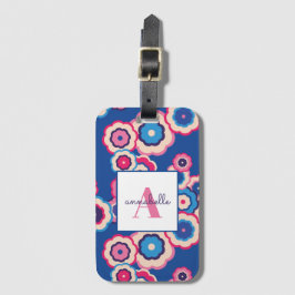 Monogram Retro Blue Pink Flower Power Personated Bagagelabel