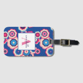 Monogram Retro Blue Pink Flower Power Personated Bagagelabel (Voorkant (horizontaal))