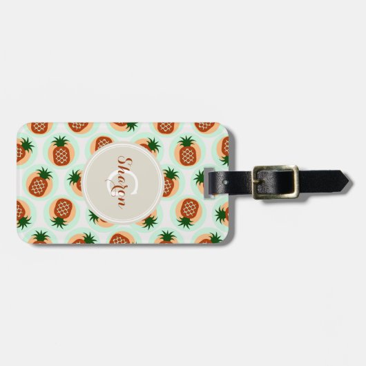 Monogram retro-bruine en anananassapatronen bagagelabel (Voorkant horizontaal)