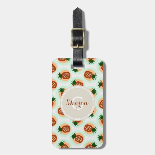 Monogram retro-bruine en anananassapatronen bagagelabel (Voorkant verticaal)