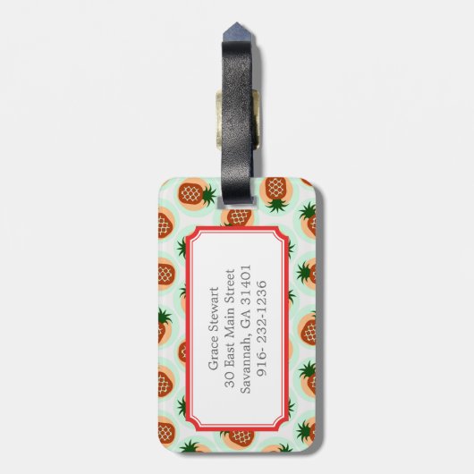 Monogram retro-bruine en anananassapatronen bagagelabel (Achterkant verticaal)