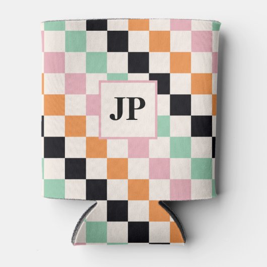 Monogram Retro Checkerboard Aangepast monogram Blikjeskoeler (Voorkant)