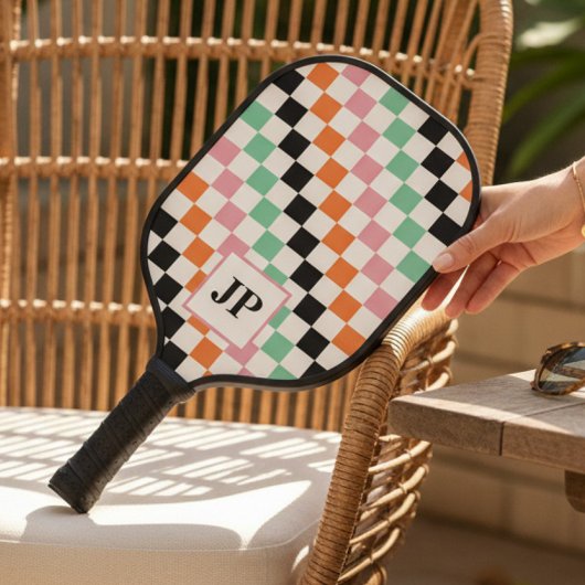 Monogram Retro Checkerboard Aangepast monogram Pickleball Paddle