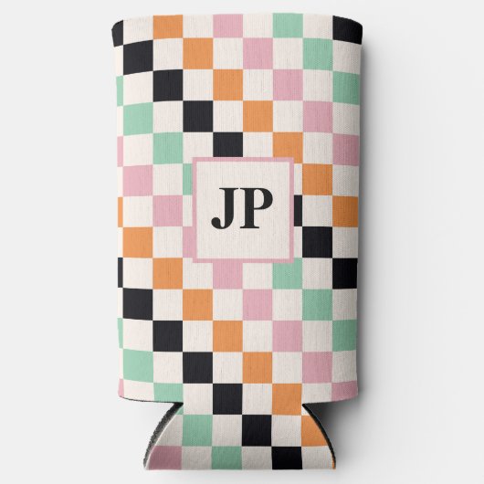 Monogram Retro Checkerboard Aangepast monogram Seltzer Blikjeskoeler (Voorkant)