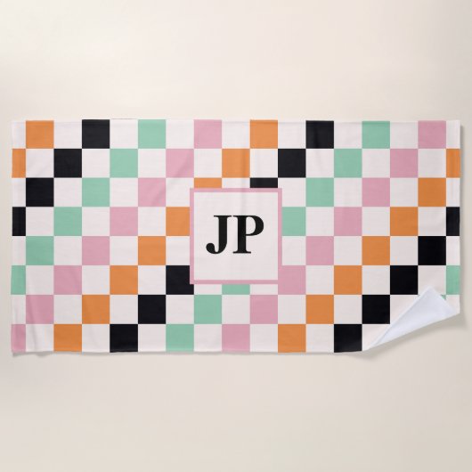 Monogram Retro Checkerboard Aangepast monogram Strandlaken (Voorkant)