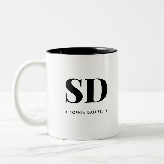 Monogram Retro Classic Elegant Minimaal Zwart Wit Tweekleurige Koffiemok (Links)