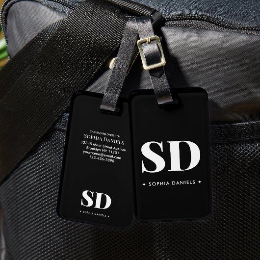 Monogram Retro Classic Elegant Zwart Wit Recept Bagagelabel