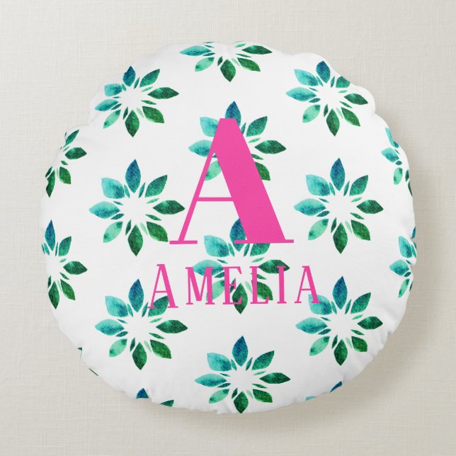 Monogram Retro Floral Waterverf Green Hot Pink Rond Kussen (Voorkant)