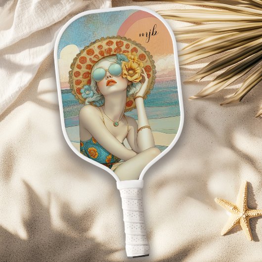 Monogram Retro Glam Summer Beach Vibes Pickleball Paddle