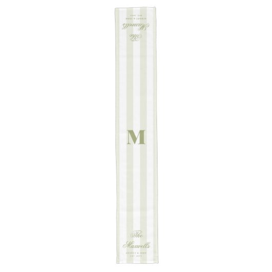 Monogram Retro Groen Witte Strepen Script Trouw Lange Tafelloper (Voorkant)