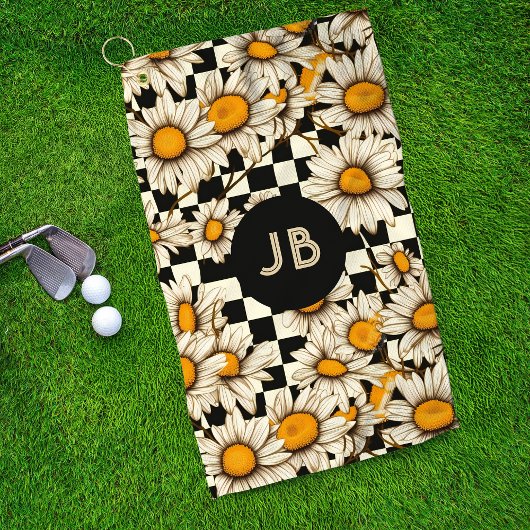 Monogram Retro Groovy Daisy Checkerboard Golfhanddoek