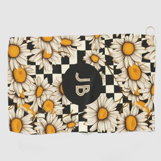 Monogram Retro Groovy Daisy Checkerboard Golfhanddoek (Horizontaal)