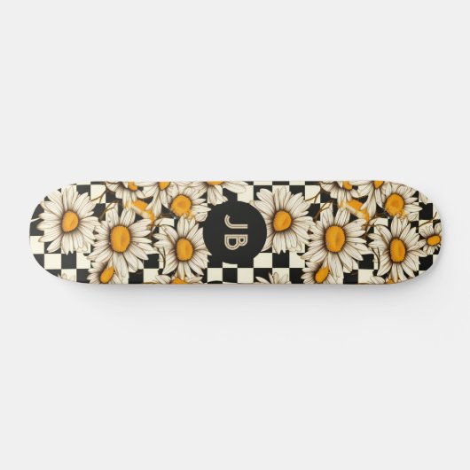Monogram Retro Groovy Daisy Checkerboard Persoonlijk Skateboard (Horizontaal)