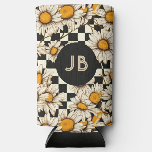 Monogram Retro Groovy Daisy Checkerboard Seltzer Blikjeskoeler (Voorkant)