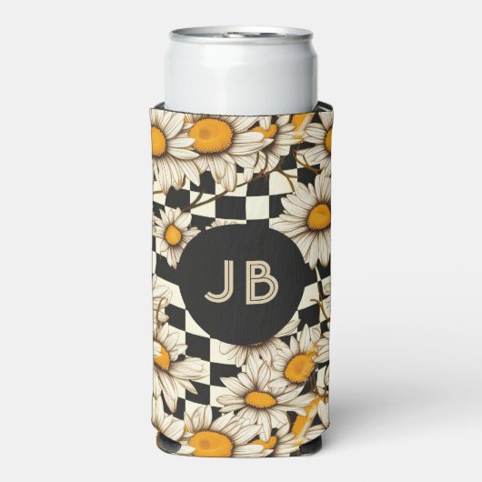 Monogram Retro Groovy Madeliefje Geruit Seltzer Blikjeskoeler (Seltzer Voorkant)