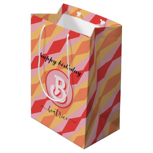 Monogram Retro Hippie 70s roze geometrische pastel Medium Cadeauzakje (Achterkant Gekanteld)