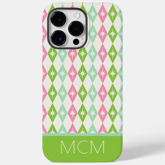 Monogram Retro Kerst Diamanten Roze & Groen Case-Mate iPhone Case (Achterkant)